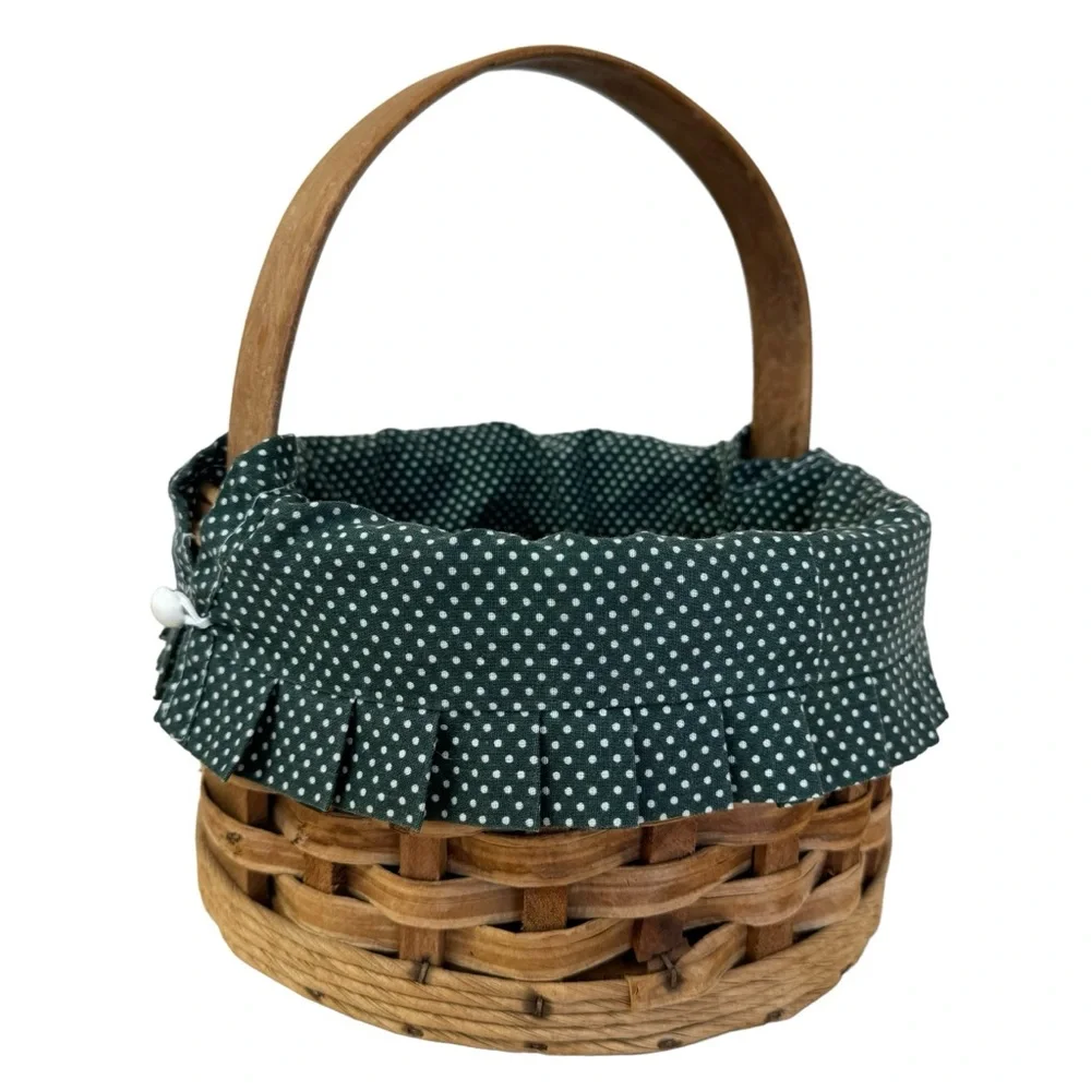 Vintage Wooden Basket Lined Woven Handle Circular Cottage Farmhouse Folk Art EUC